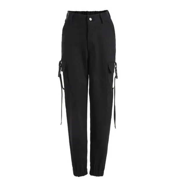 ASHORESHOP Women loose Cotton Pant Black High Waist Hip Cargo Pants