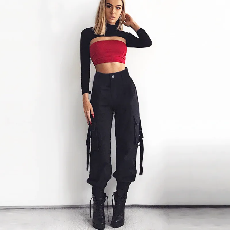 ASHORESHOP Women loose Cotton Pant Black High Waist Hip Cargo Pants