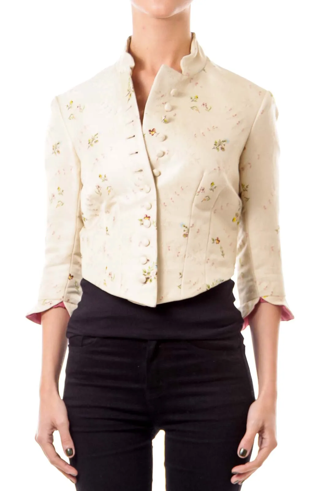 Beige Embroidered Cropped Jacket