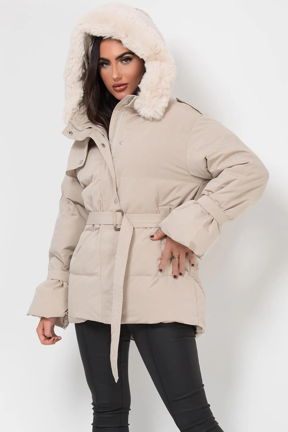 Beige Puffer Padded Coat With Faux Fur Hood