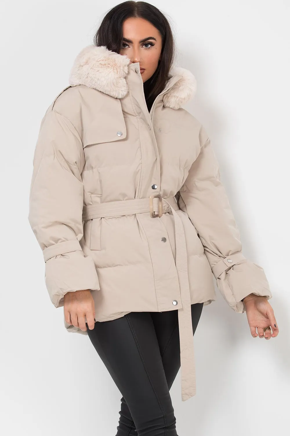 Beige Puffer Padded Coat With Faux Fur Hood