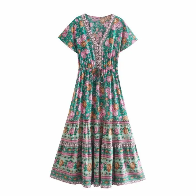 BELLFLOWER Floral Print Bohemian Style with Ruffle Dress