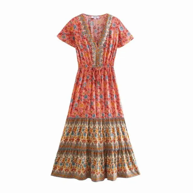 BELLFLOWER Floral Print Bohemian Style with Ruffle Dress