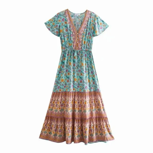 BELLFLOWER Floral Print Bohemian Style with Ruffle Dress