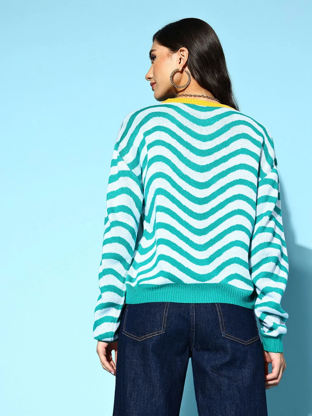 Berrylush Women Blue & White Striped Pattern Round Neck Drop-Shoulder Sleeve Ribbed Hem Regular Pullover