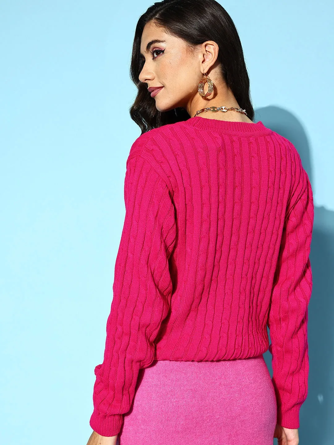 Berrylush Women Pink Cable Knit Pattern Round Neck Ribbed Hem Regular Pullover