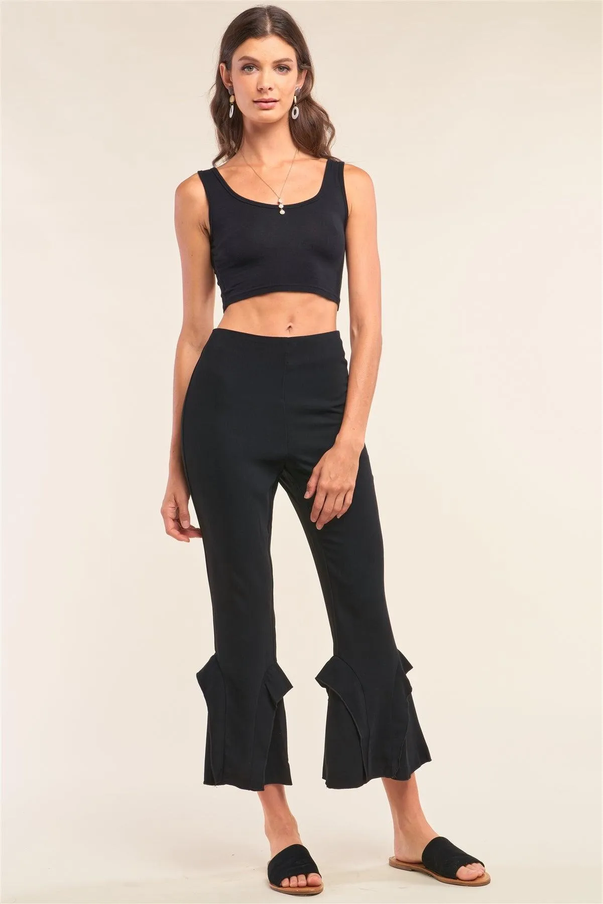 Black High Waisted Fitted Ruffle Trim Flare Detail Capri Pants /1-2-2-1