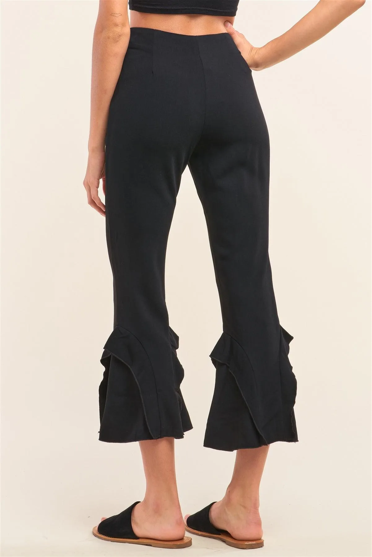 Black High Waisted Fitted Ruffle Trim Flare Detail Capri Pants /1-2-2-1