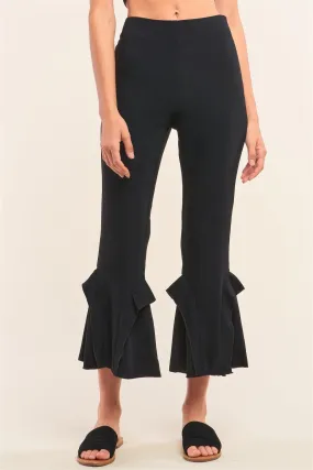 Black High Waisted Fitted Ruffle Trim Flare Detail Capri Pants /1-2-2-1