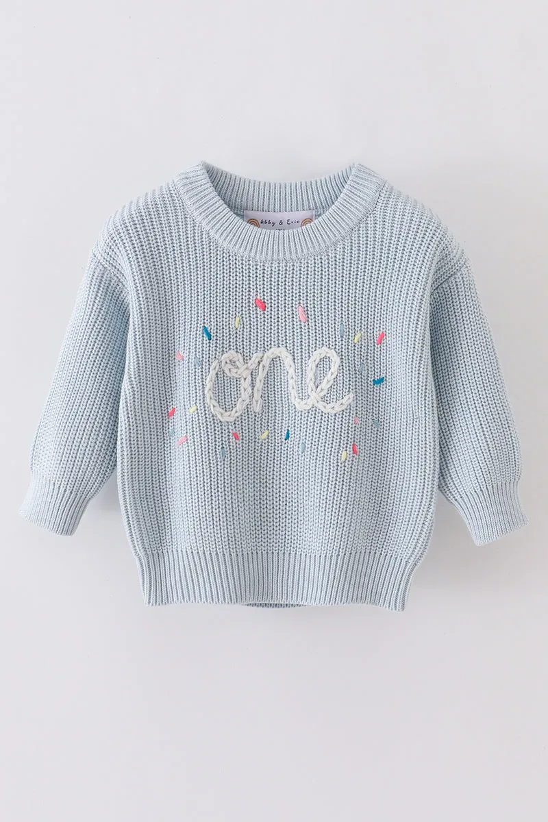 Blue hand-embroidery one&two pullover sweater