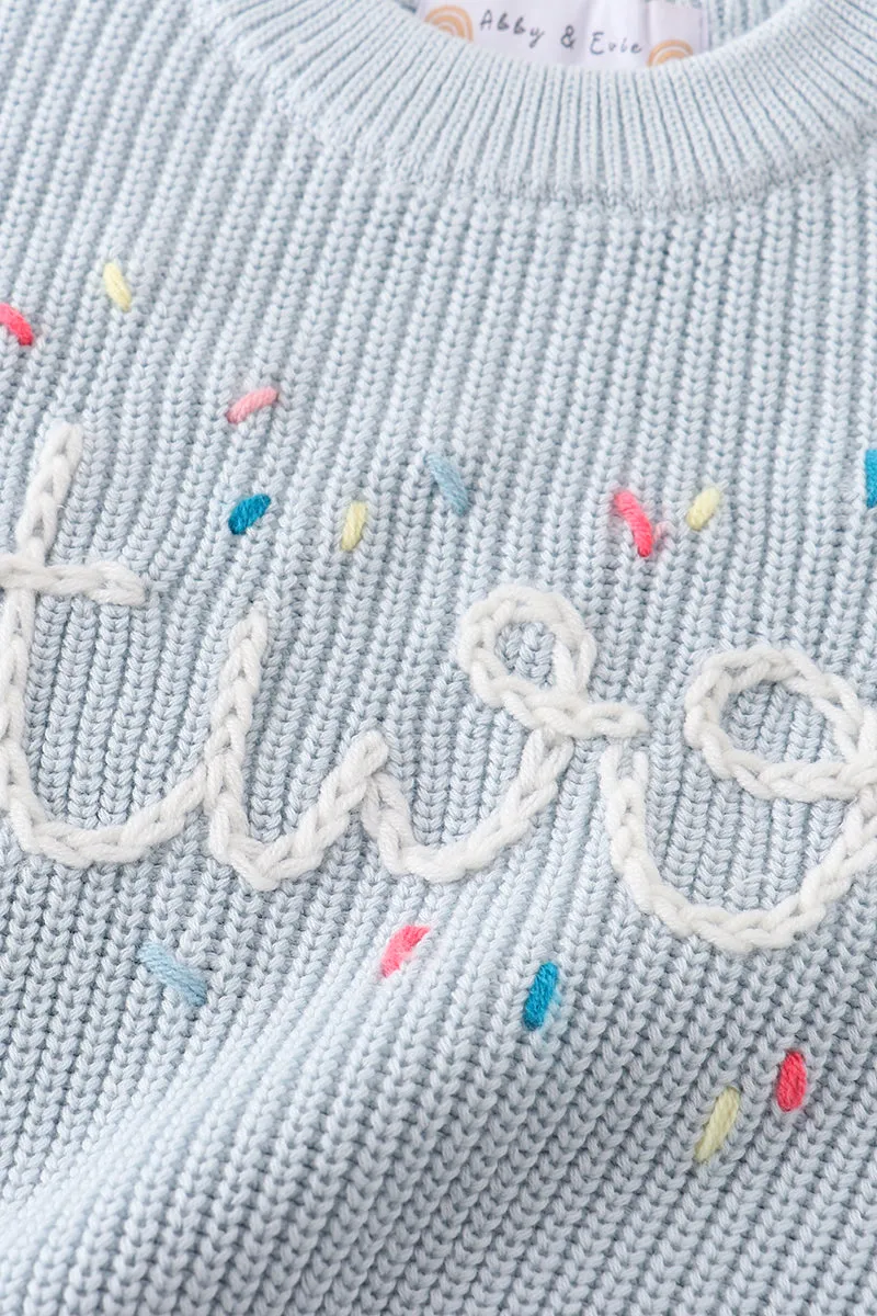 Blue hand-embroidery one&two pullover sweater