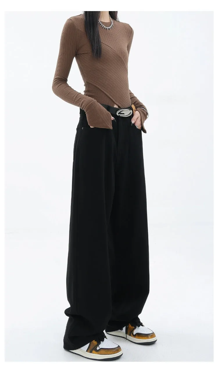 Blue Retro Loose Straight-Leg High-Waist Floor-Length Jeans