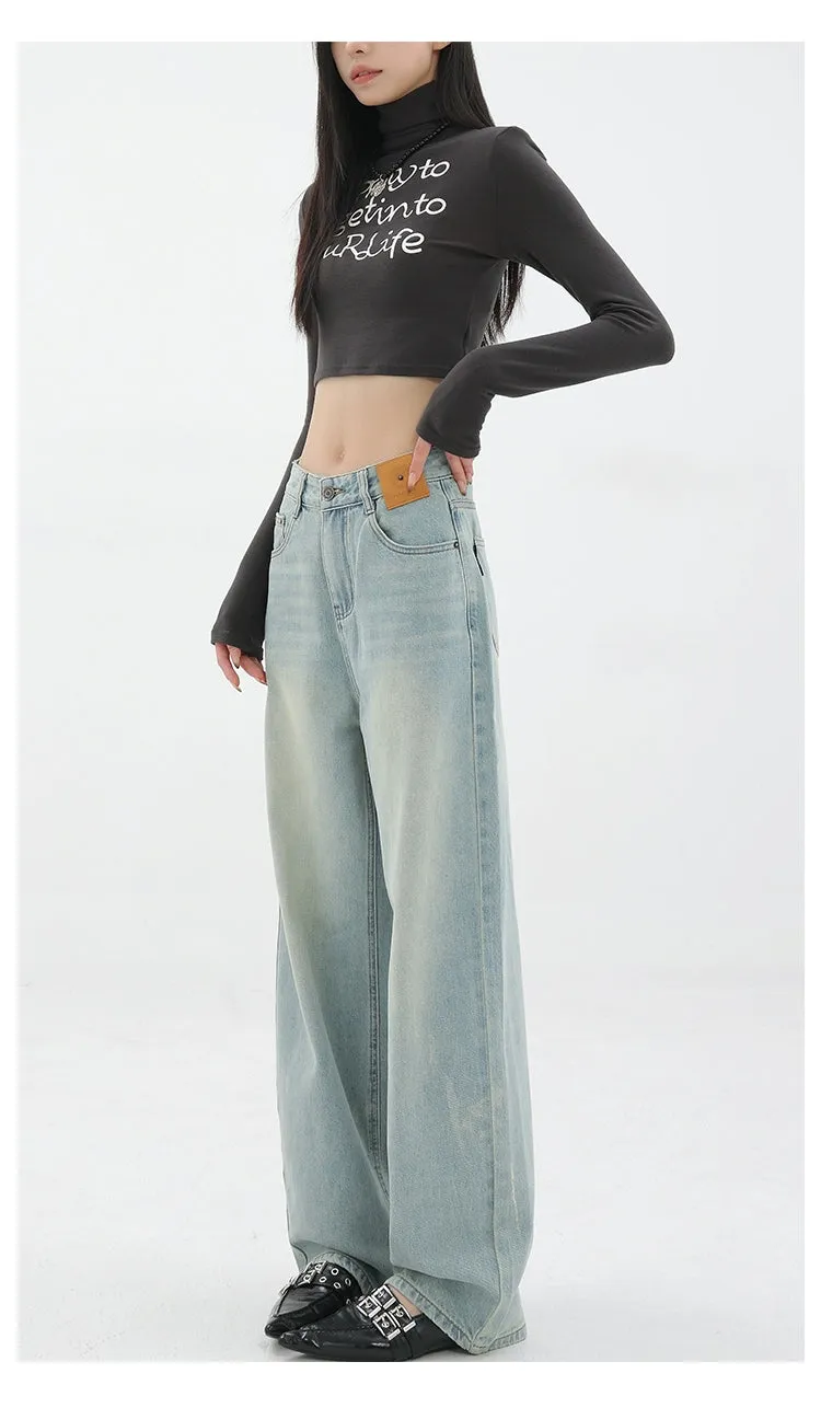 Blue Retro Loose Straight-Leg High-Waist Floor-Length Jeans