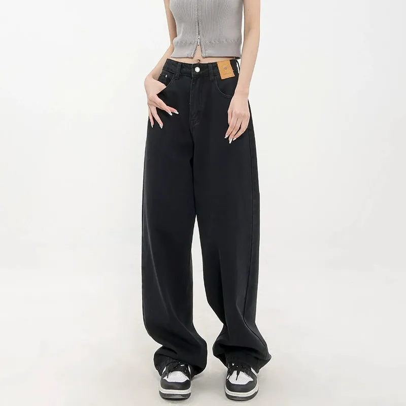 Blue Retro Loose Straight-Leg High-Waist Floor-Length Jeans