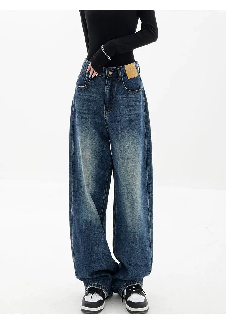 Blue Retro Loose Straight-Leg High-Waist Floor-Length Jeans