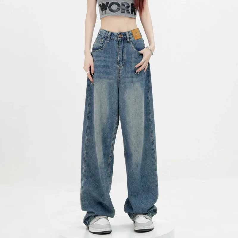 Blue Retro Loose Straight-Leg High-Waist Floor-Length Jeans