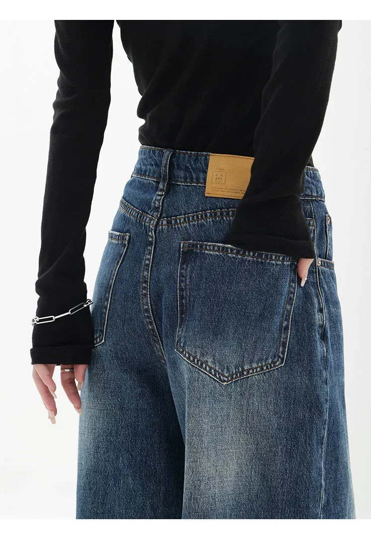 Blue Retro Loose Straight-Leg High-Waist Floor-Length Jeans