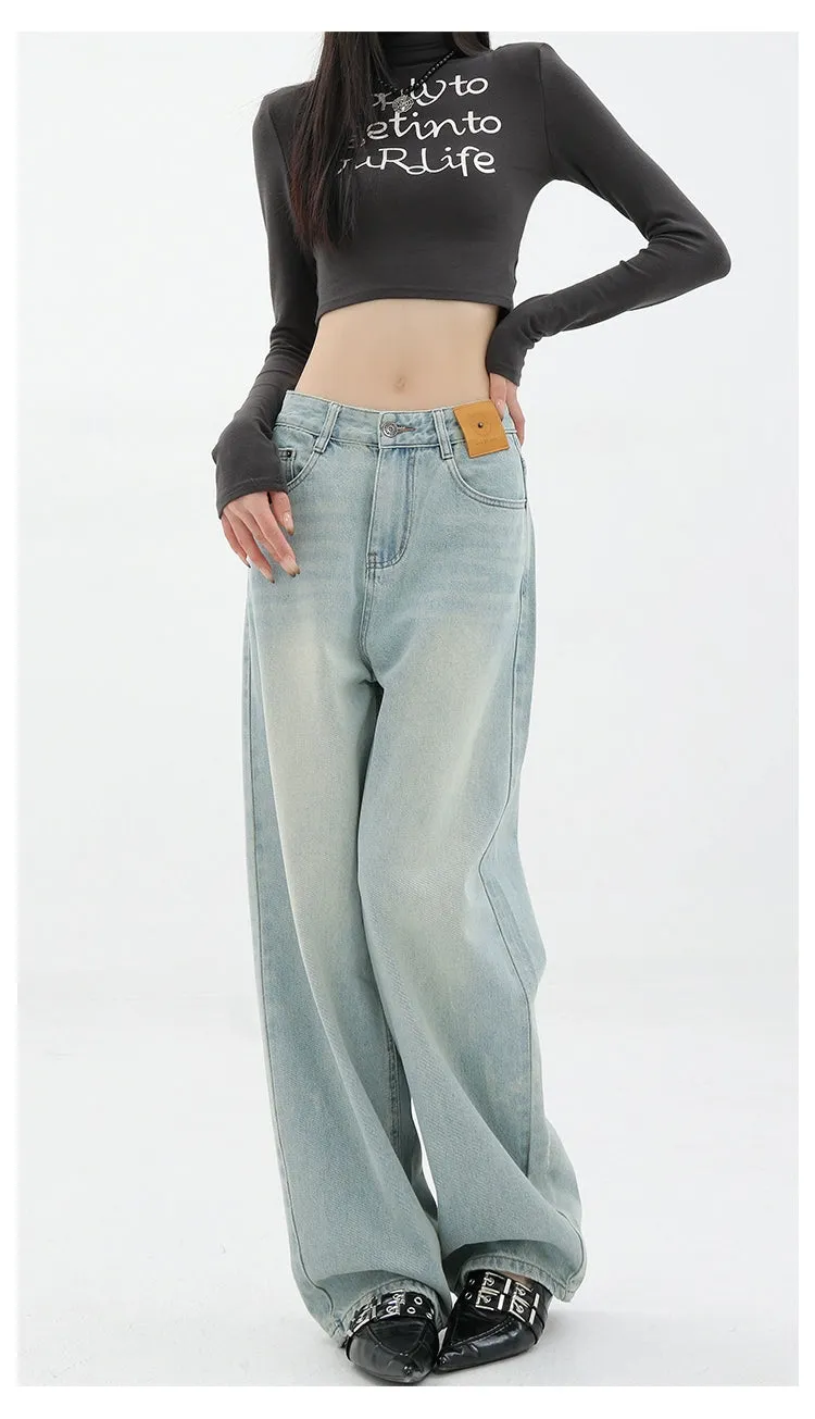 Blue Retro Loose Straight-Leg High-Waist Floor-Length Jeans