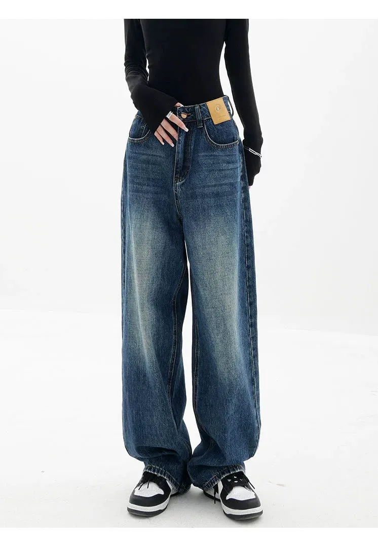 Blue Retro Loose Straight-Leg High-Waist Floor-Length Jeans