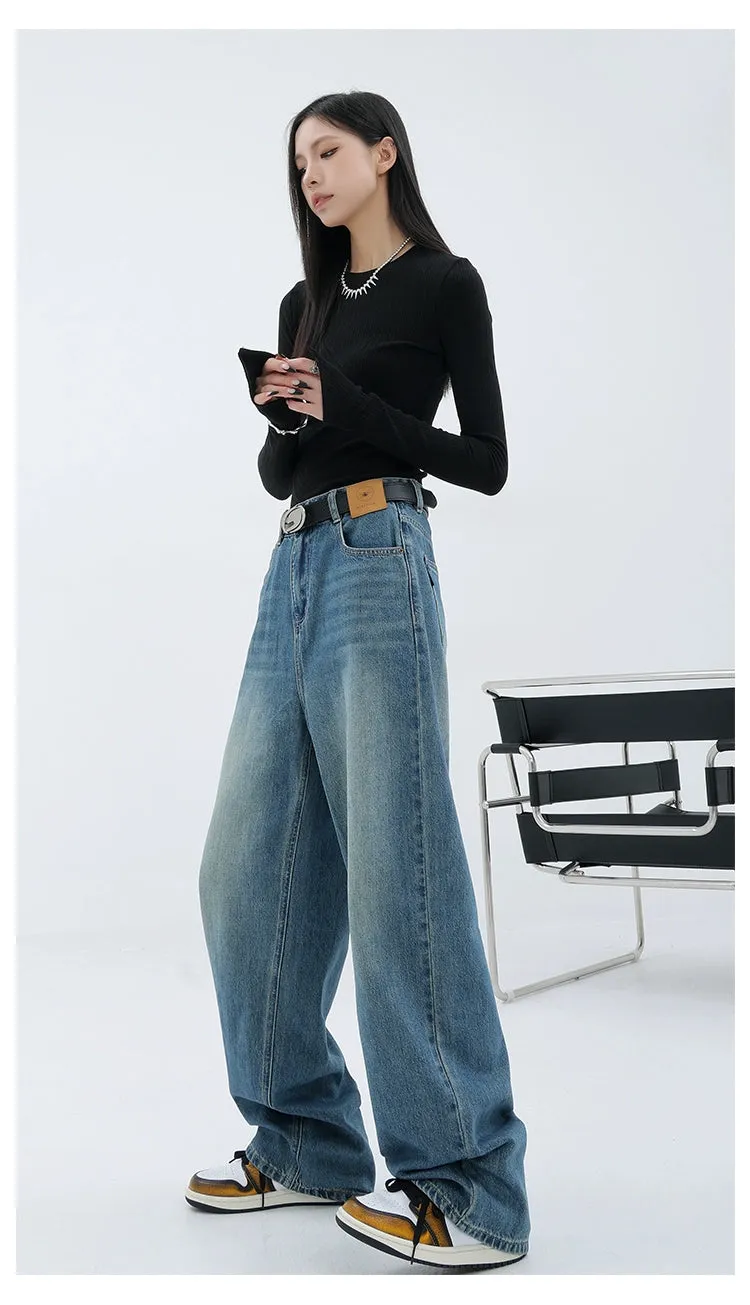 Blue Retro Loose Straight-Leg High-Waist Floor-Length Jeans