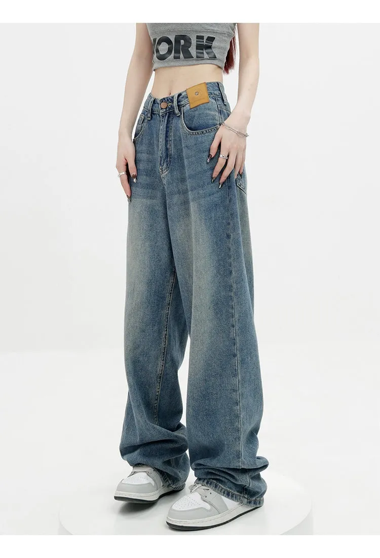 Blue Retro Loose Straight-Leg High-Waist Floor-Length Jeans