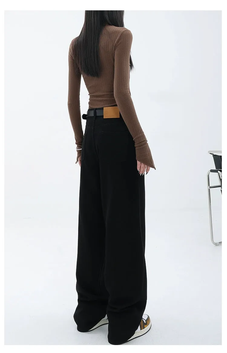 Blue Retro Loose Straight-Leg High-Waist Floor-Length Jeans