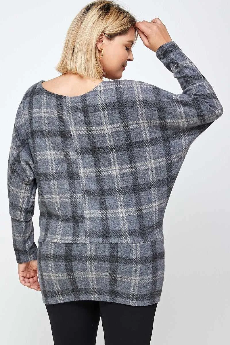 Boat Neck Plaid Print Tunic Top