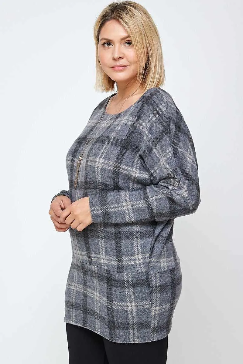 Boat Neck Plaid Print Tunic Top