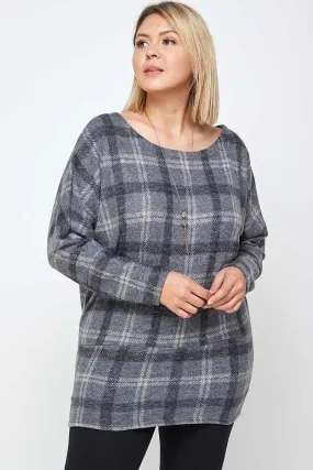 Boat Neck Plaid Print Tunic Top