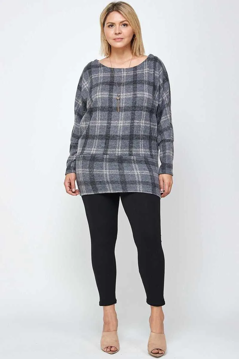 Boat Neck Plaid Print Tunic Top