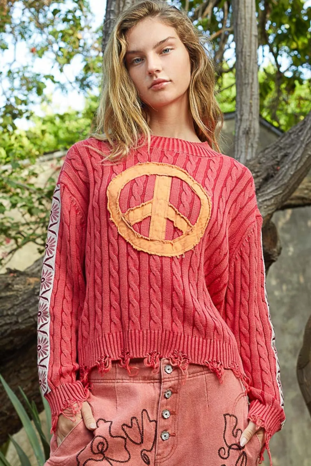 Bohemian Washed Peace Patch Cable Knit Sweater