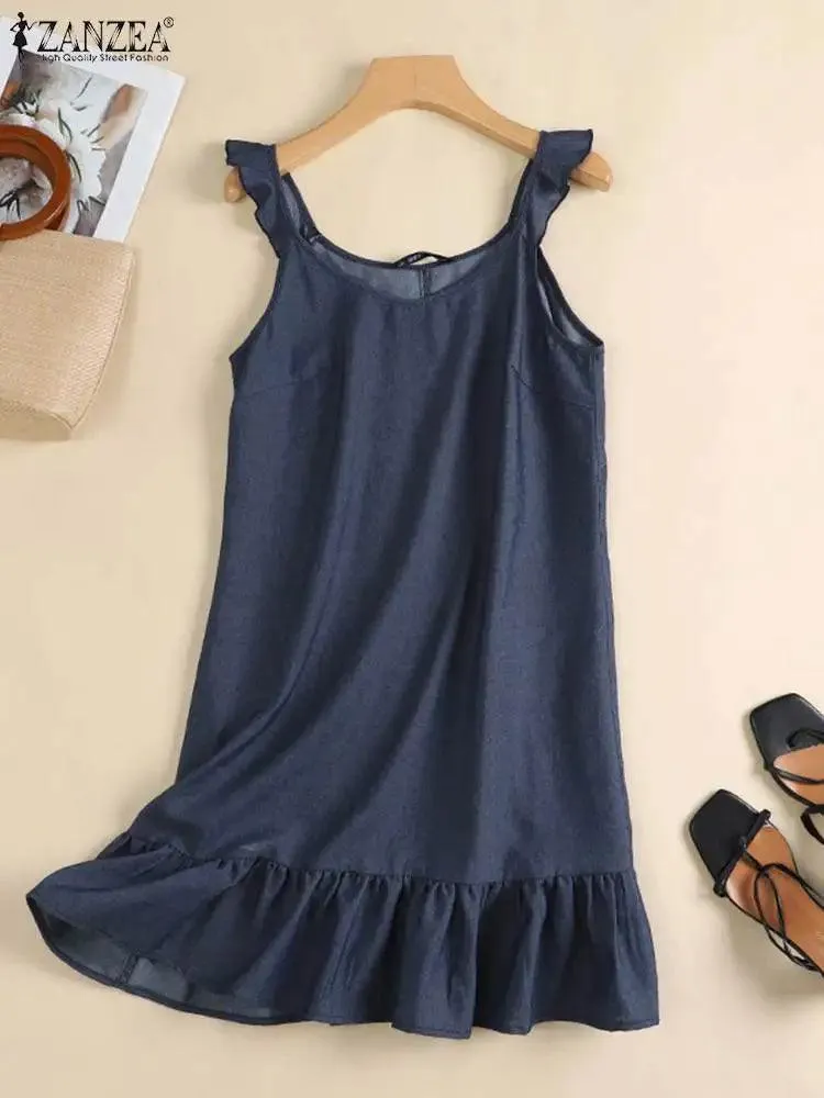 Boho Chic Denim Sundress: Women's Beach Dress for Summer