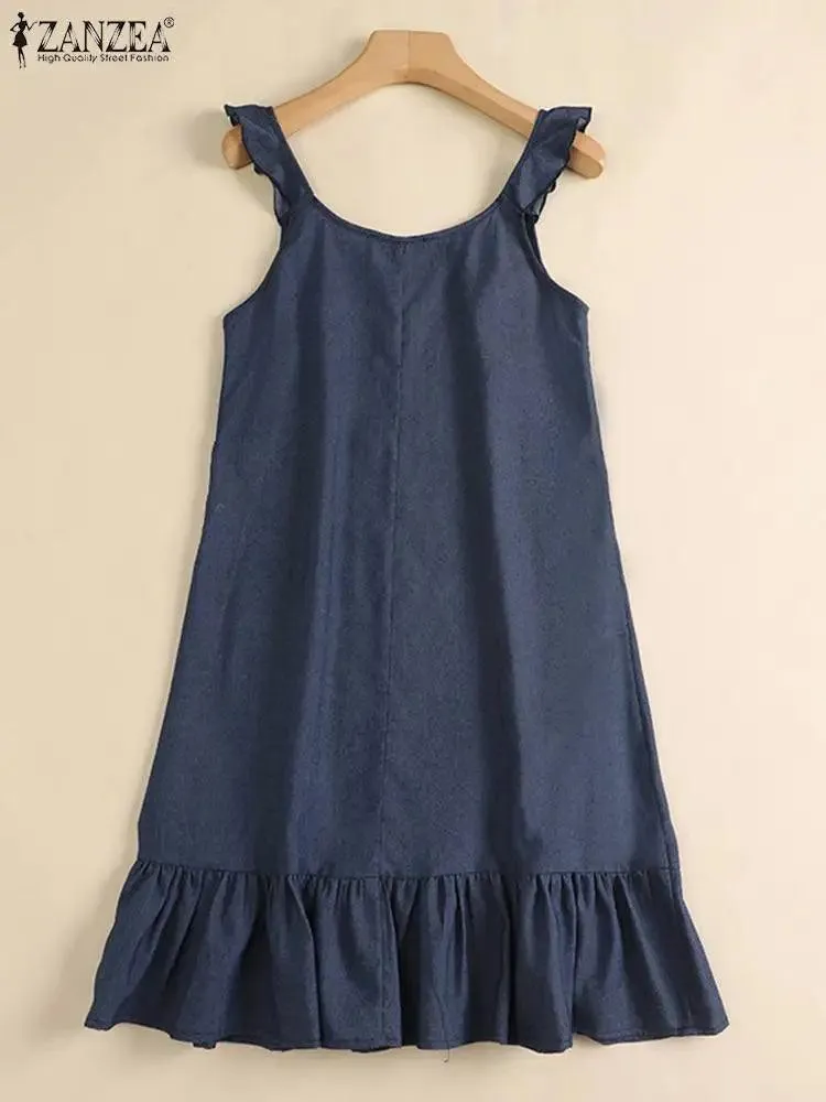 Boho Chic Denim Sundress: Women's Beach Dress for Summer