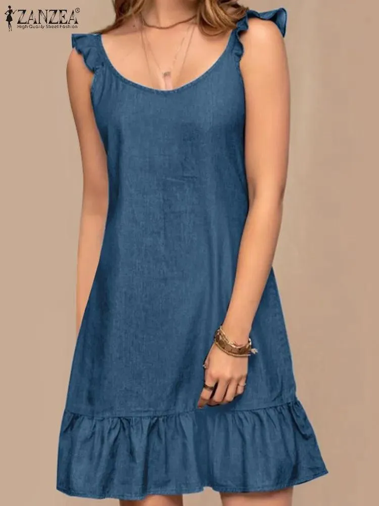 Boho Chic Denim Sundress: Women's Beach Dress for Summer