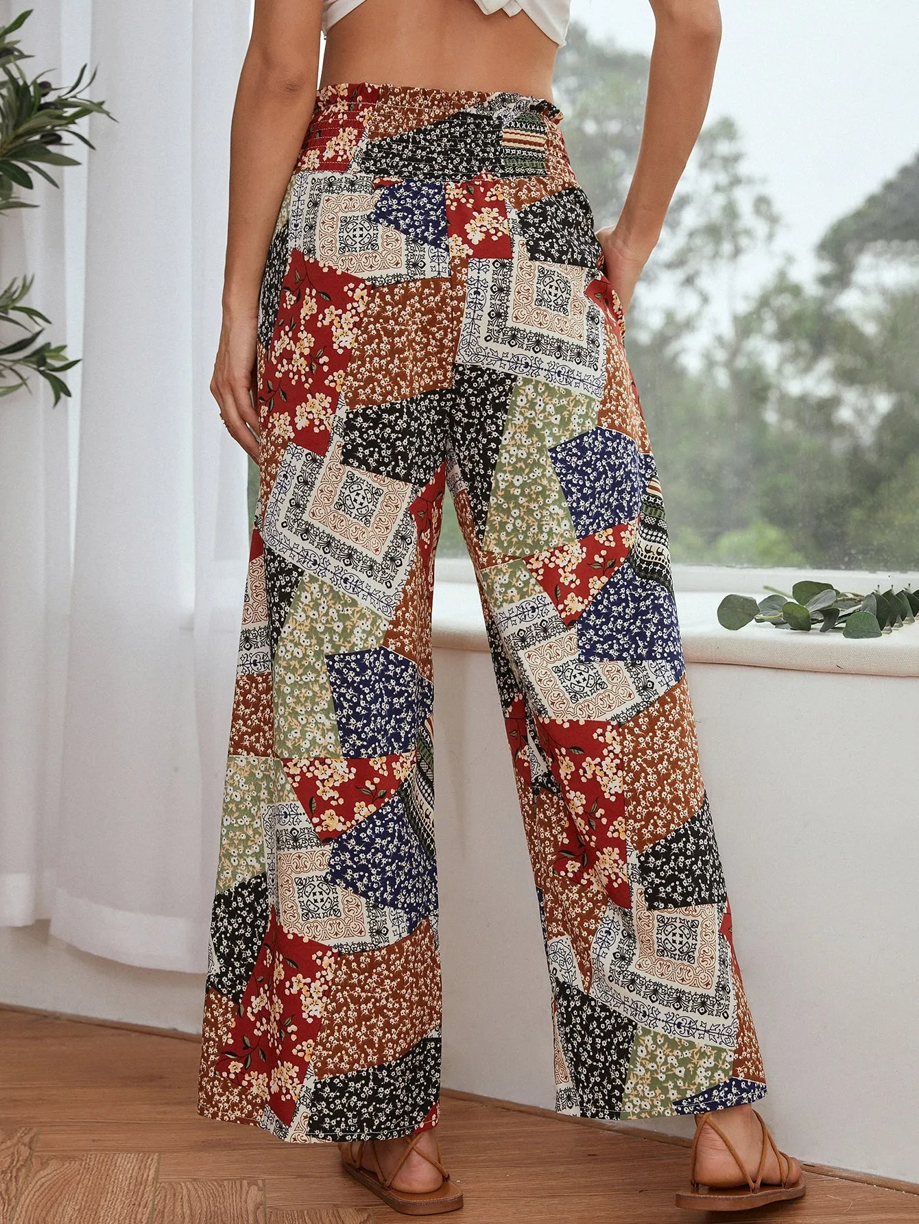 Boho Ditsy Floral Paper Bag Waist High Waist Cropped Women Pants