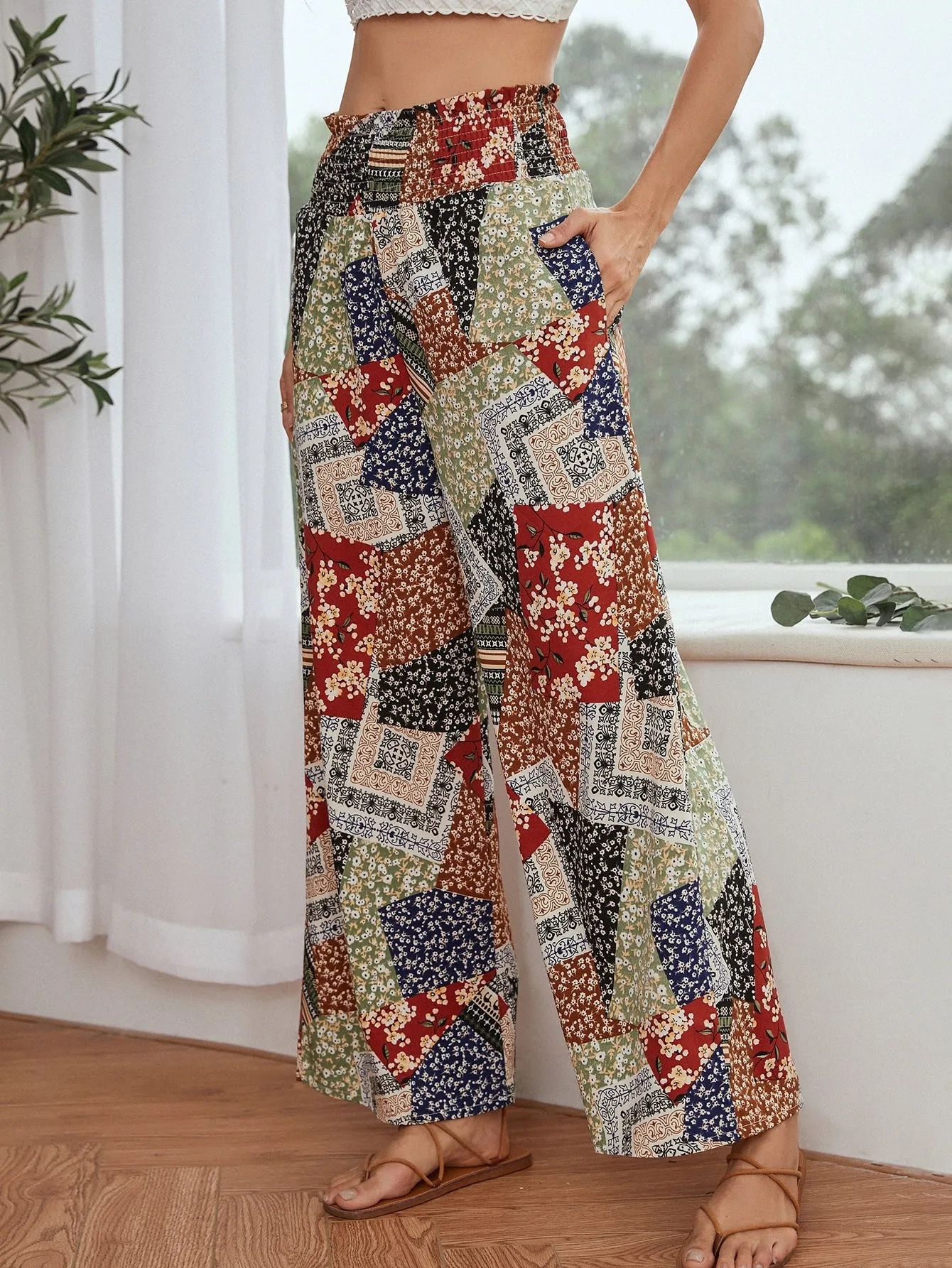 Boho Ditsy Floral Paper Bag Waist High Waist Cropped Women Pants