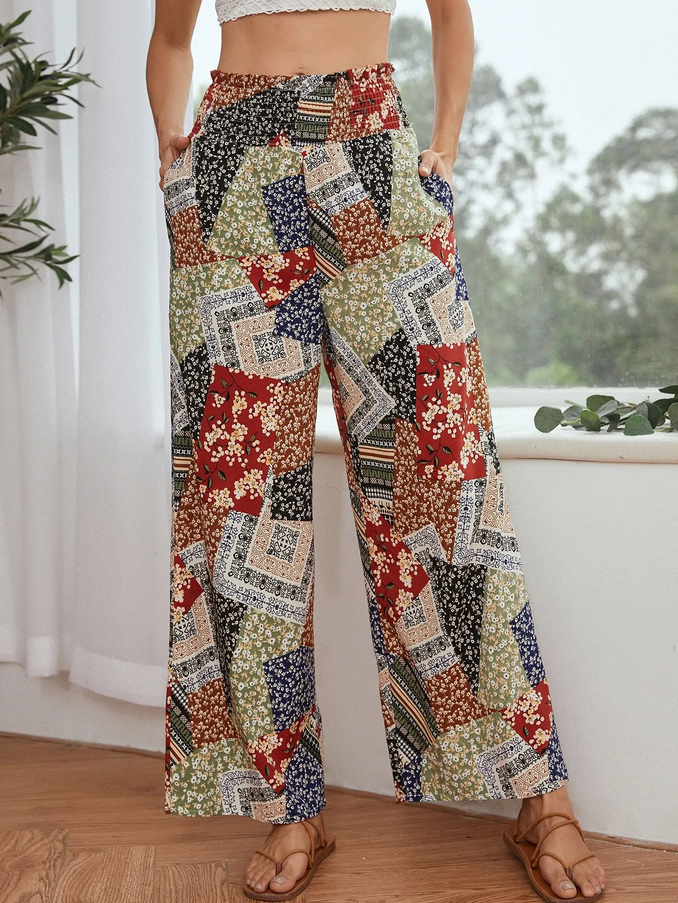 Boho Ditsy Floral Paper Bag Waist High Waist Cropped Women Pants