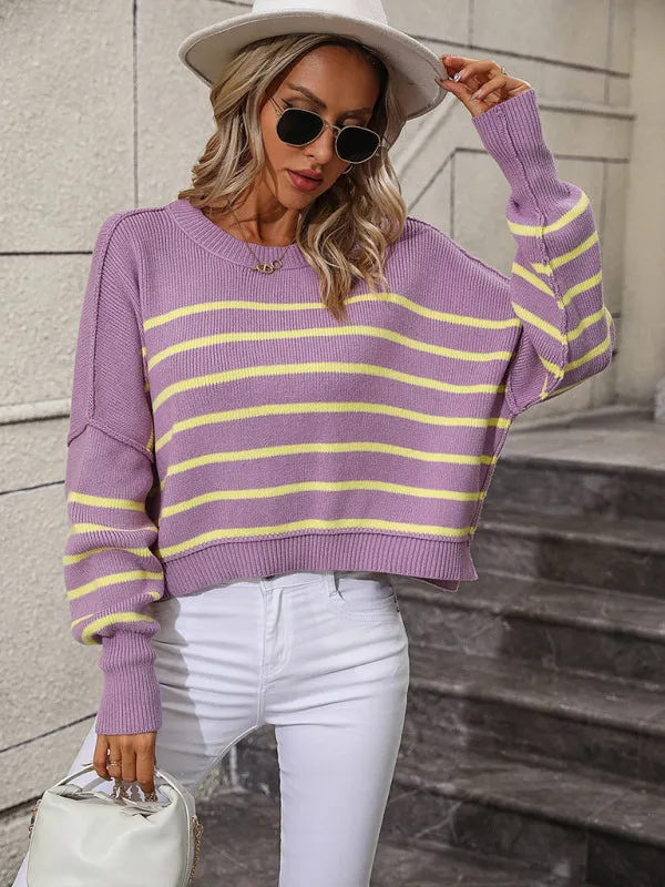 Boho Round Neck Knitted Pullover Striped Sweater