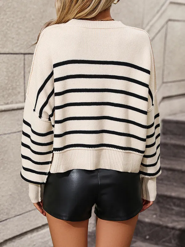 Boho Round Neck Knitted Pullover Striped Sweater