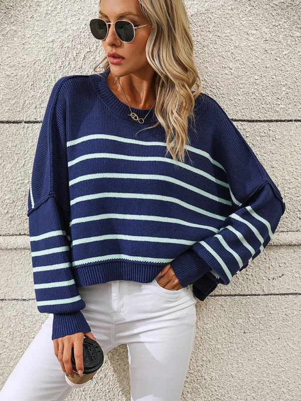 Boho Round Neck Knitted Pullover Striped Sweater