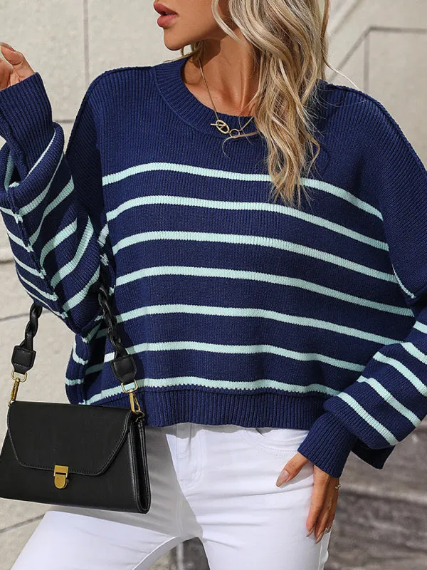 Boho Round Neck Knitted Pullover Striped Sweater