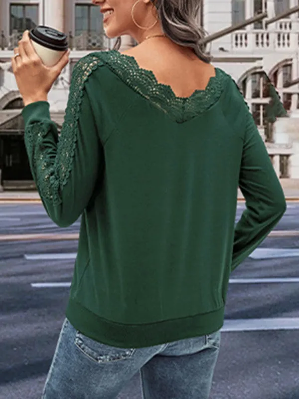 Boho Women's Solid Color V-Neck Lace Trim Long Sleeved Top