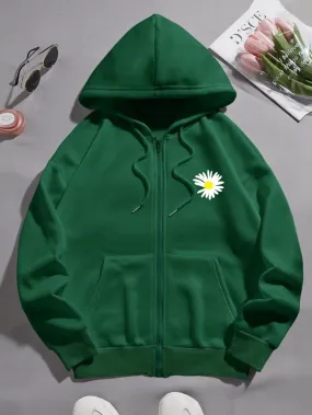 BOTTLE GREEN ZIPPER HOODIE POCKET SUNFLOWER