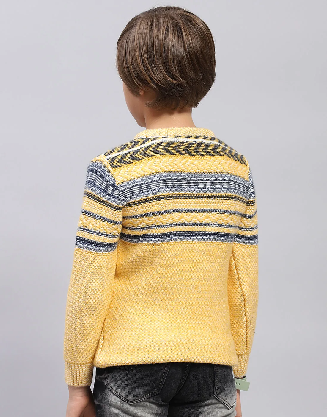 Boys Mustard Self Design Round Neck Full Sleeve Pullover