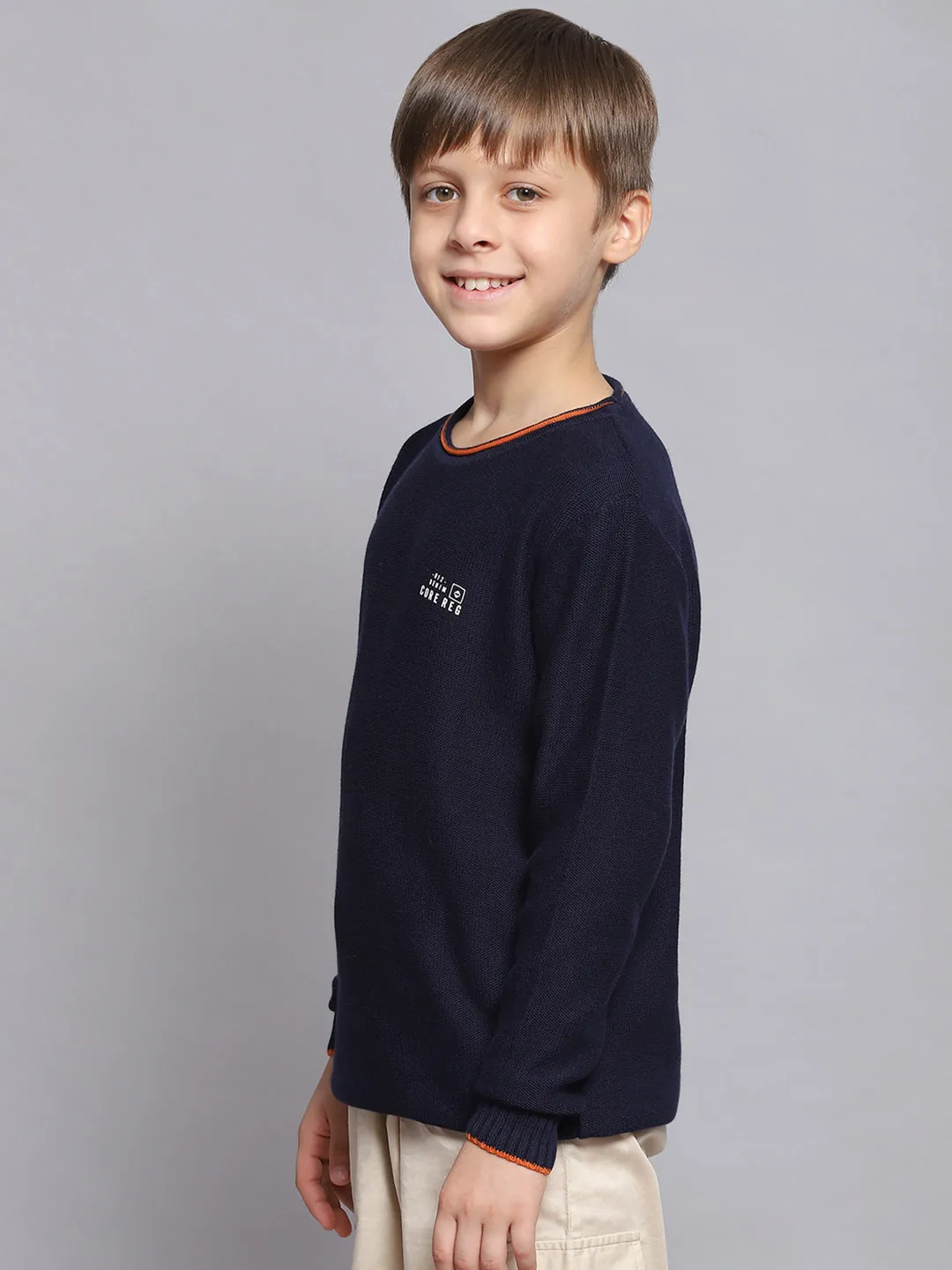 Boys Navy Blue Solid Round Neck Full Sleeve Sweater