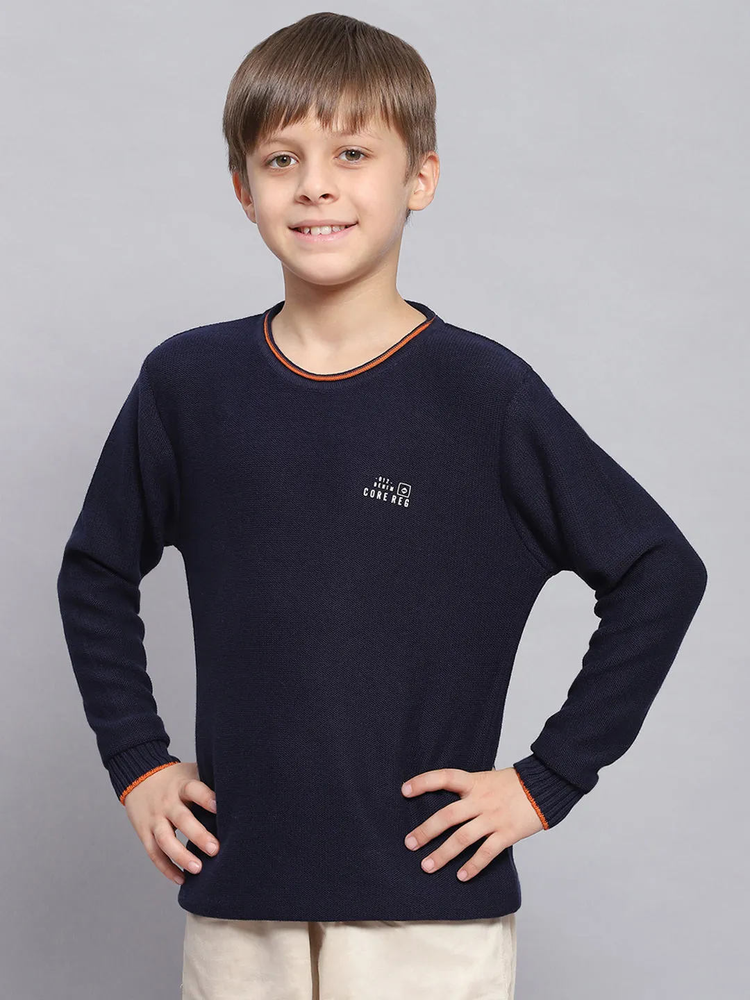 Boys Navy Blue Solid Round Neck Full Sleeve Sweater