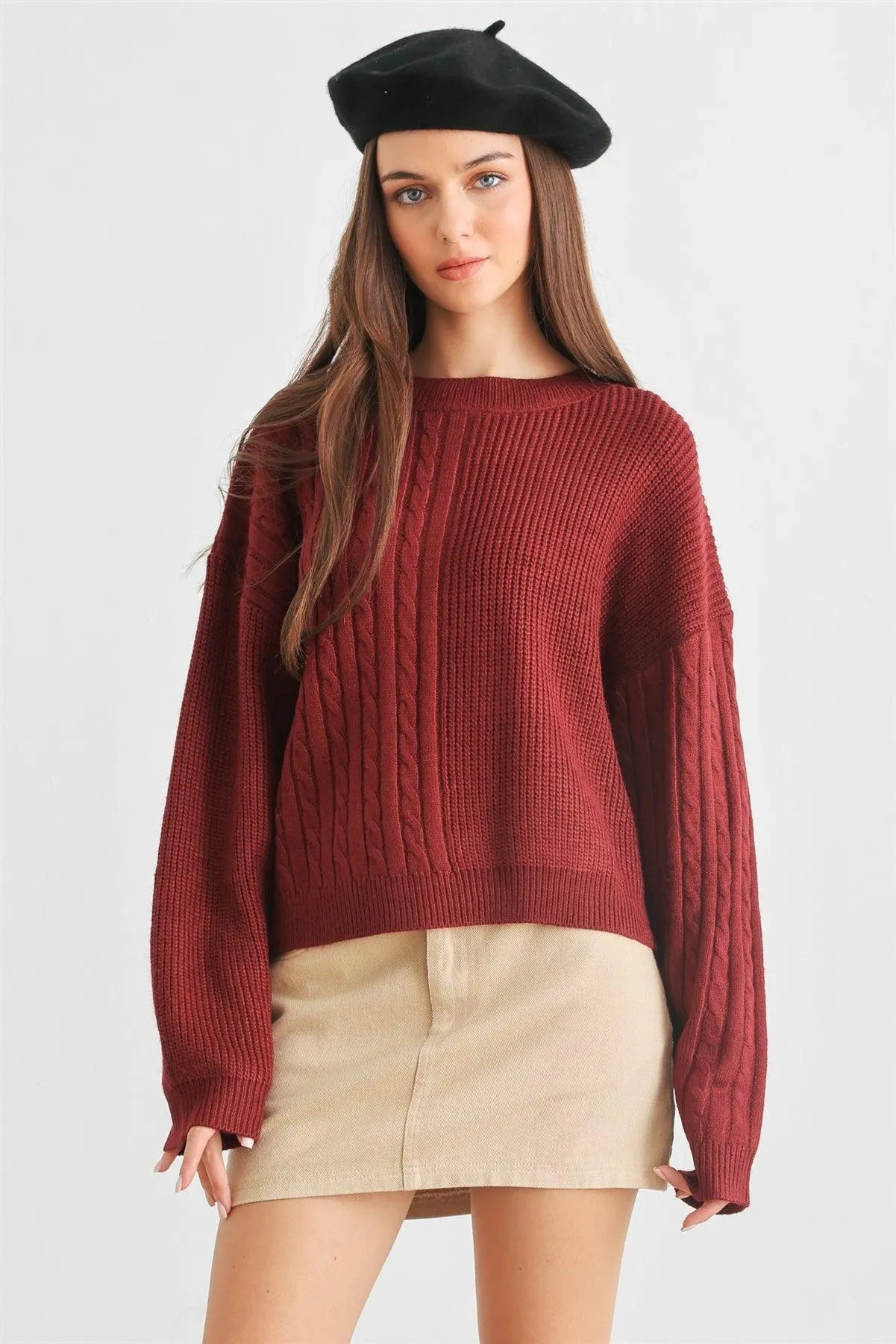 Burgundy Cable Knit Crew Neck Long Sleeve Sweater /2-2-1-1