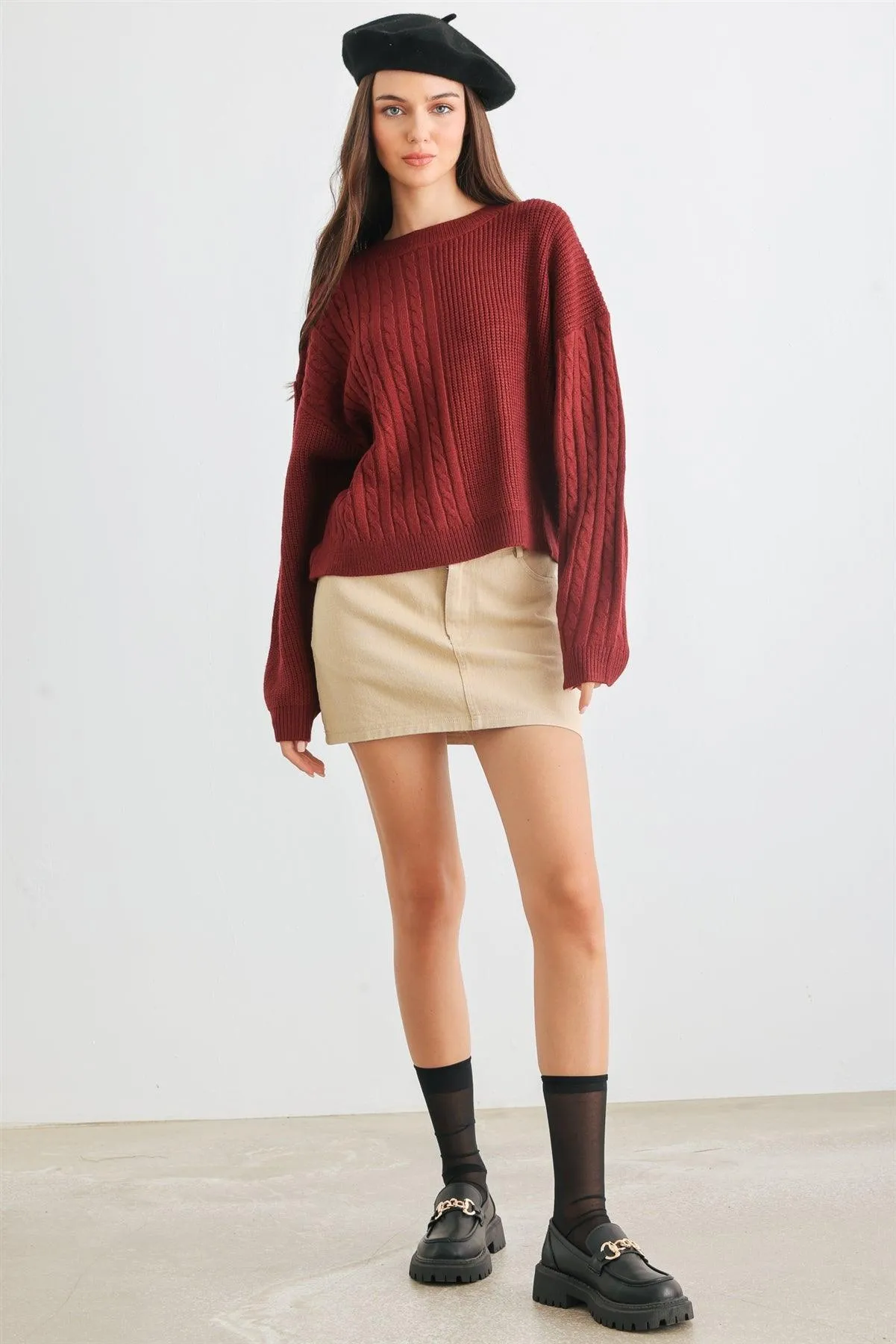 Burgundy Cable Knit Crew Neck Long Sleeve Sweater /2-2-1-1