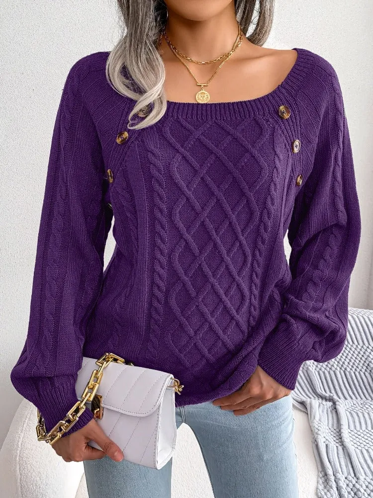 Casual Square Collar Knitted Pullovers and Sweaters for Women: Long Sleeve, Buttons, Ideal for Autumn and Winter