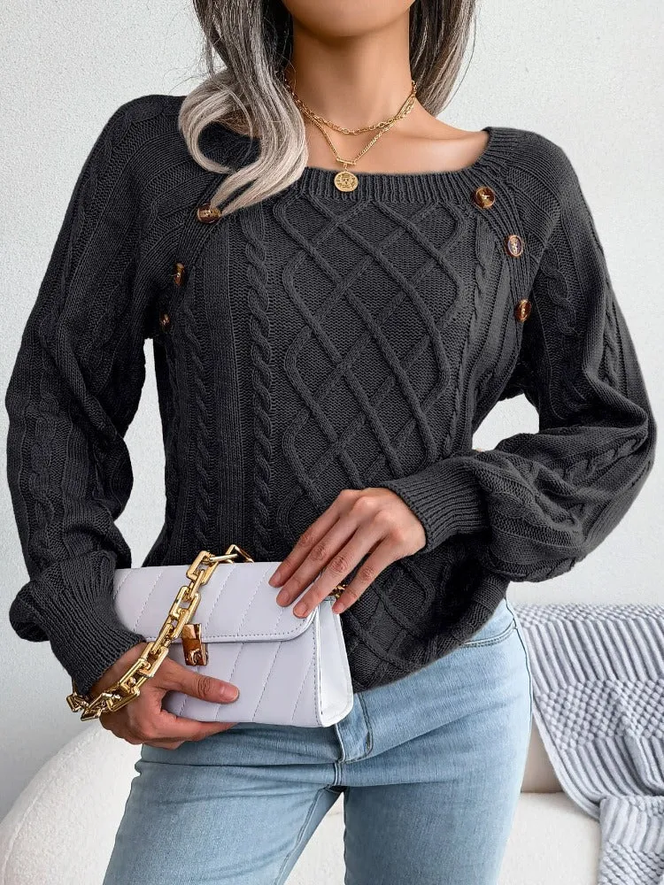 Casual Square Collar Knitted Pullovers and Sweaters for Women: Long Sleeve, Buttons, Ideal for Autumn and Winter